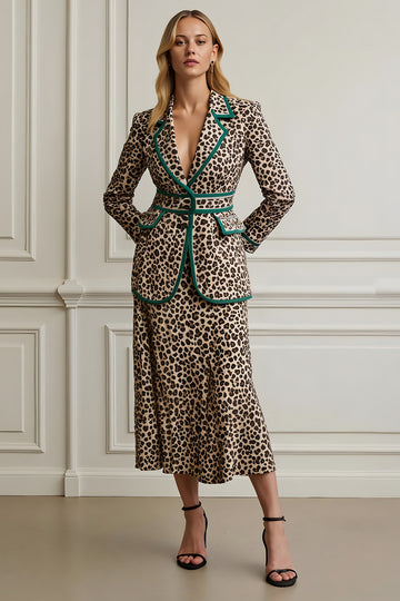 2 Piece Leopard Coffee Notched Lapel Midi Work Suit